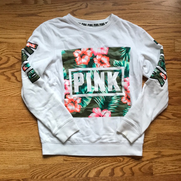 PINK Victoria's Secret Tops - White and Tropical Patterned PINK Sweatshirt